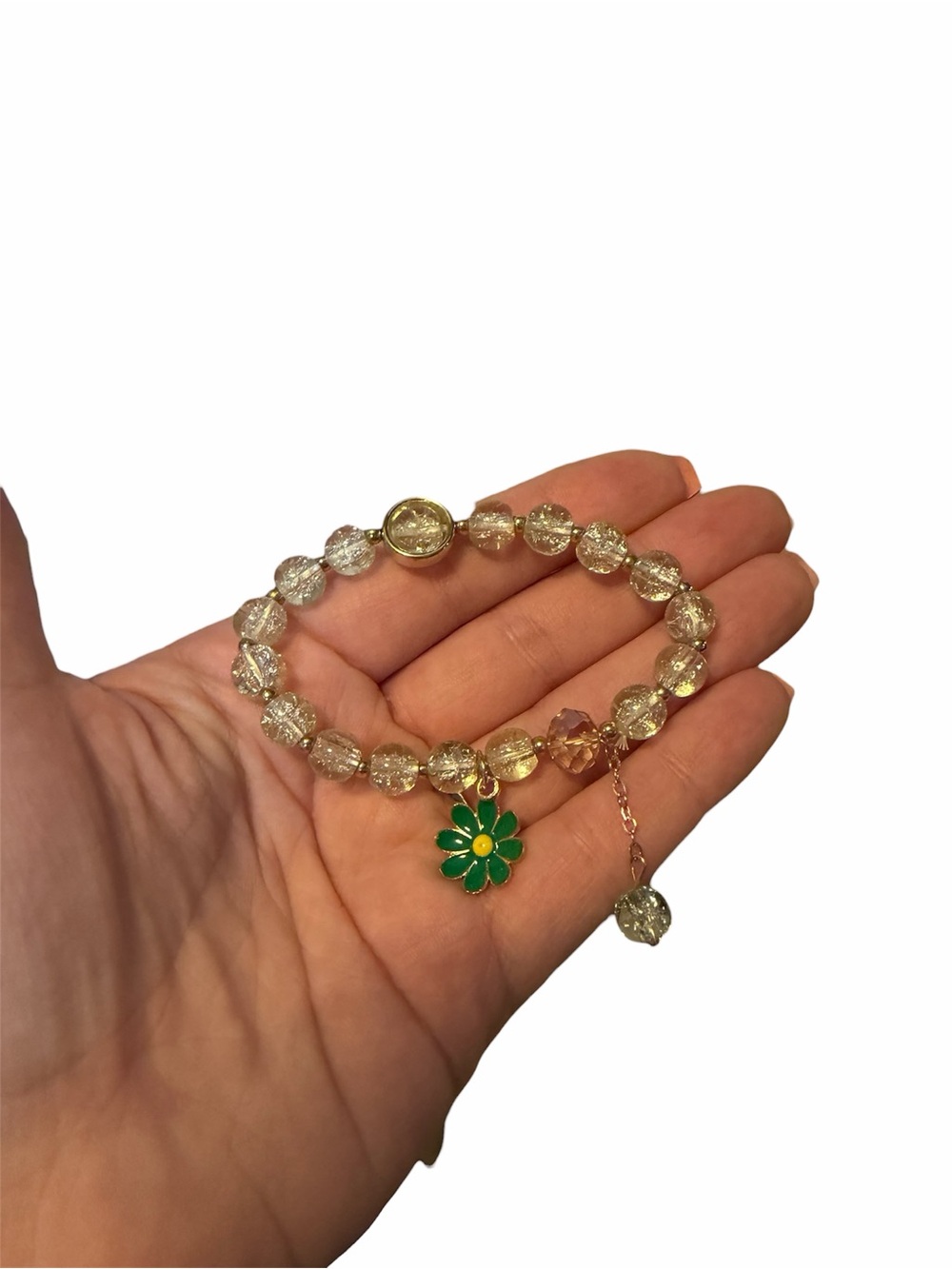 Crystal Bead Bracelet with Green Flower Charm